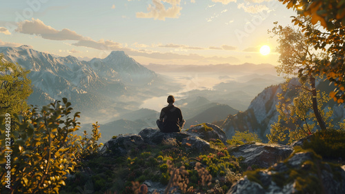 A serene sunrise meditation on a mountaintop, with a person sitting cross-legged, immersed in the calm beauty of nature.