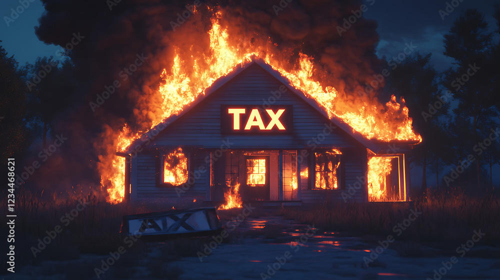 Burning House Engulfed in Intense Flames at Night A Tax Crisis Metaphor Burning House Engulfed in Intense Flames at Night A Tax Crisis Metaphor