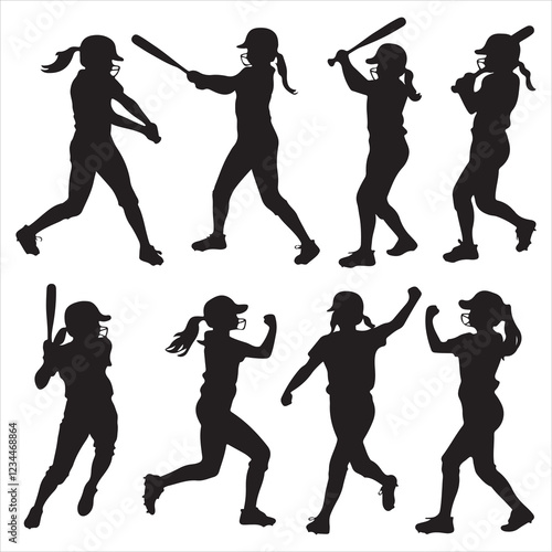 set of black various poses baseball player silhouette	