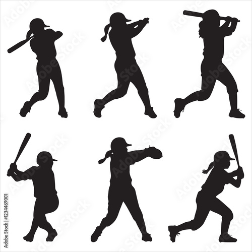 set of black various poses baseball player silhouette	