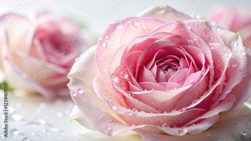 Delicate Damask rose petals gently unfolding against a soft white background as droplets of water clings to its delicate edges, botanical close up, flower close up