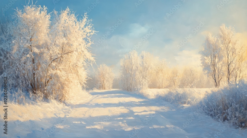 Snowy road through winter forest at sunrise, peaceful landscape Snowy road through winter forest at sunrise, peaceful landscape