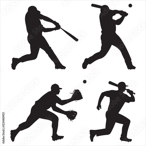 set of black various poses baseball player silhouette	