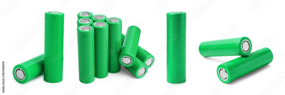 AA alkaline batteries in different colors isolated on white, set AA alkaline batteries in different colors isolated on white, set