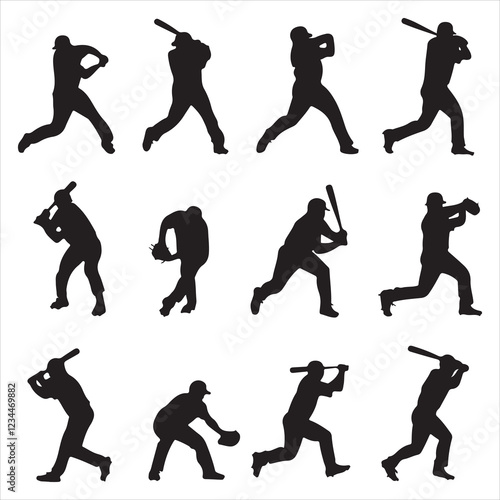set of black various poses baseball player silhouette	