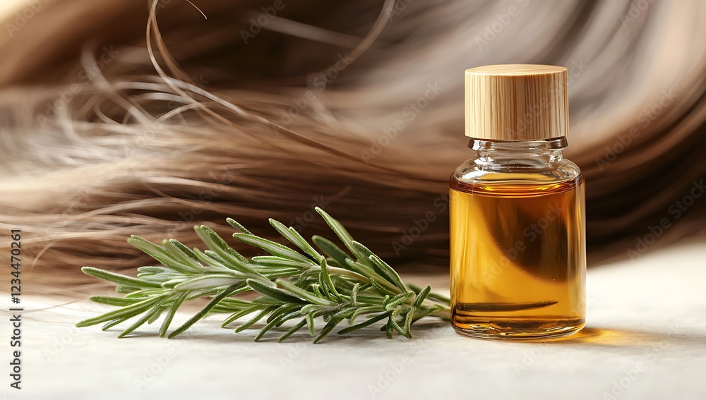 Fototapeta premium A bottle of hair oil placed on a wooden table with fresh rosemary leaves next to it.