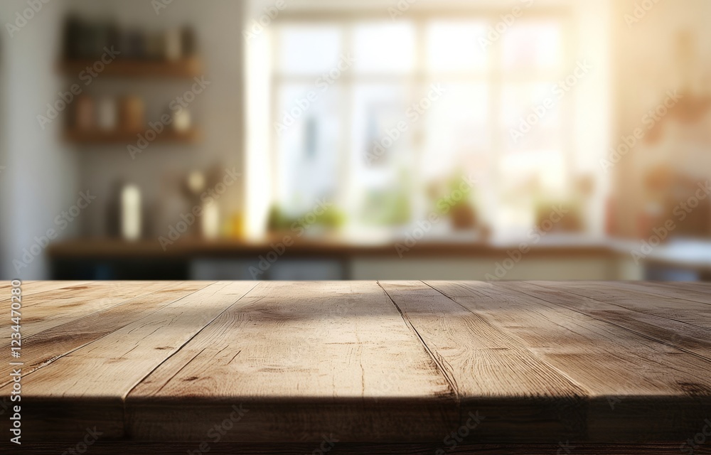 Empty wooden table in blurred bright kitchen. Empty wooden table in blurred bright kitchen.
