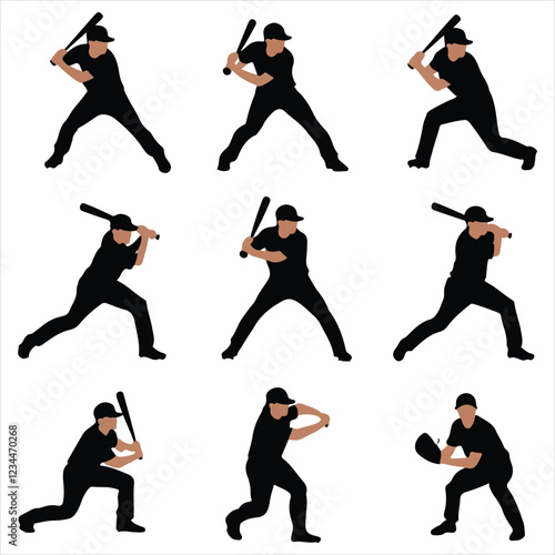 set of black various poses baseball player silhouette	