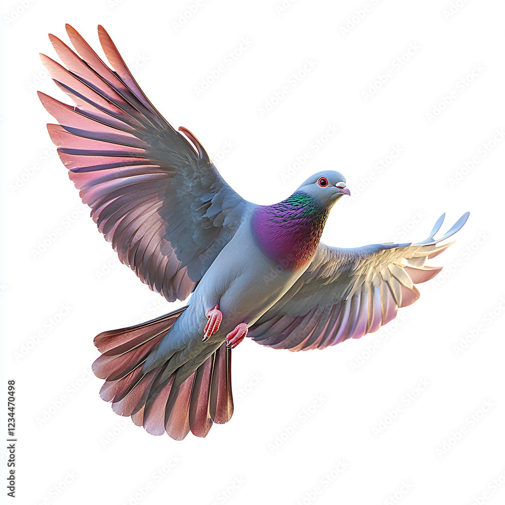 Fototapeta premium A pigeon with iridescent green and purple feathers on its neck is captured mid-flight with wings fully spread against a white background.
