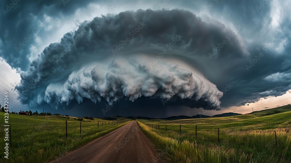 Epic Supercell Storm Clouds Looming Over a Country Dirt Road and Green Fields Epic Supercell Storm Clouds Looming Over a Country Dirt Road and Green Fields