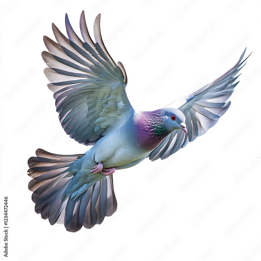 A pigeon with iridescent green and purple feathers on its neck is captured mid-flight with wings fully spread against a white background.