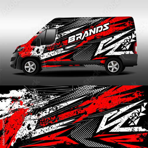 Cargo van wrap designs. Graphic abstract red and white grunge stripes for car branding. Modern camouflage design for vinyl vehicle wrap.