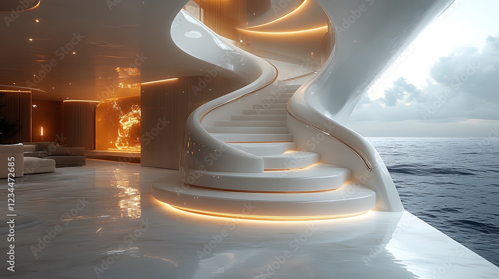 Obraz premium Modern luxury yacht interior with a spiral staircase, ocean view.