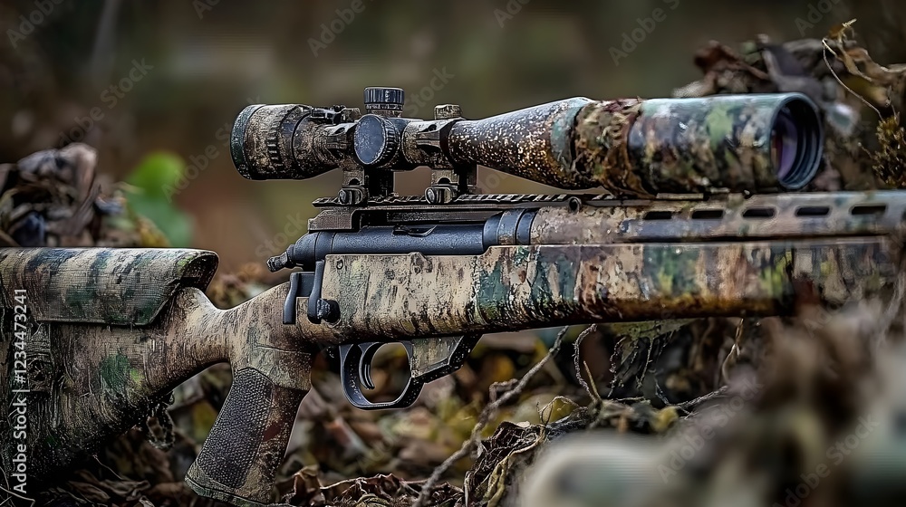 Detailed Macro Shot of Sniper Rifle Trigger Mechanism with Nature Setting Detailed Macro Shot of Sniper Rifle Trigger Mechanism with Nature Setting