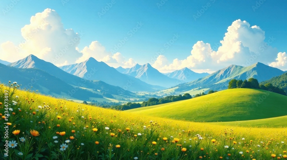 Fototapeta premium Serene Meadow Landscape with Rolling Hills and Majestic Mountains Under a Bright Summer Sky