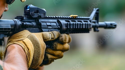 Macro Shot of Tactical Glove Gripping Weapon with 100mm Lens photo