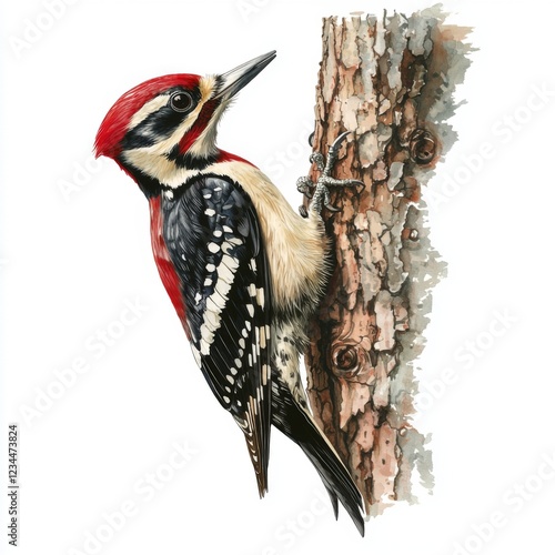 Colorful woodpecker perched on tree bark, showcasing intricate feather patterns and vibrant plumage in a natural setting photo