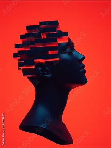 A striking silhouette of a head with abstract elements resembling a brain, set against a vibrant red background.