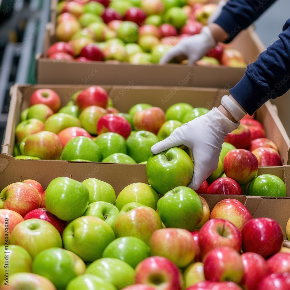 Careful hands pack vibrant red and green apples into eco-friendly trays in a bright and bustling warehouse environment. Generative AI Careful hands pack vibrant red and green apples into eco-friendly trays in a bright and bustling warehouse environment. Generative AI
