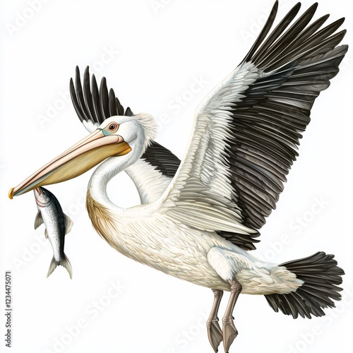 Elegant pelican in flight with open wings, carrying fish in bill against white background. Ideal for wildlife and nature-themed projects. photo