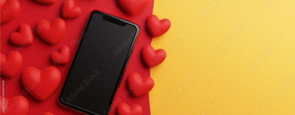 A smartphone rests among vibrant red hearts on a yellow background, symbolizing love and connection in a modern context. A smartphone rests among vibrant red hearts on a yellow background, symbolizing love and connection in a modern context.