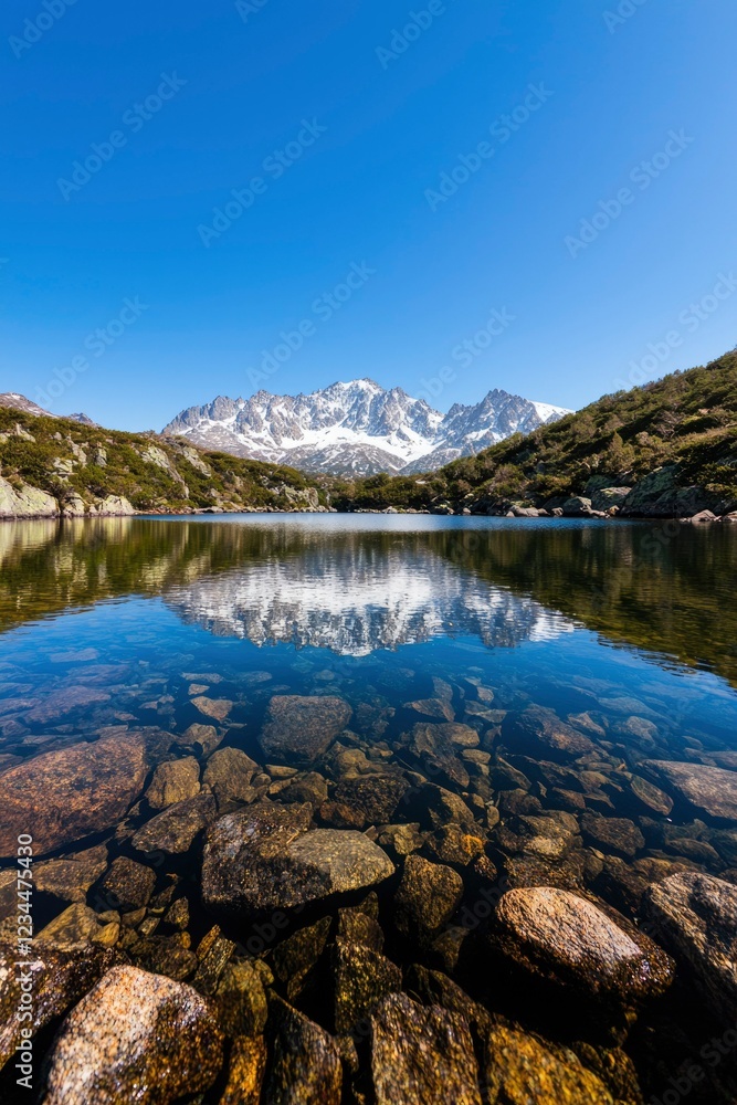 Mountain lake reflects snow capped peaks in clear water