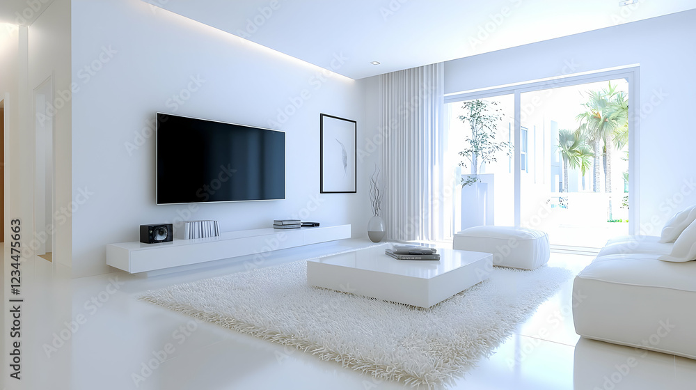 Modern white living room with pool view, relaxing atmosphere, ideal for real estate Modern white living room with pool view, relaxing atmosphere, ideal for real estate