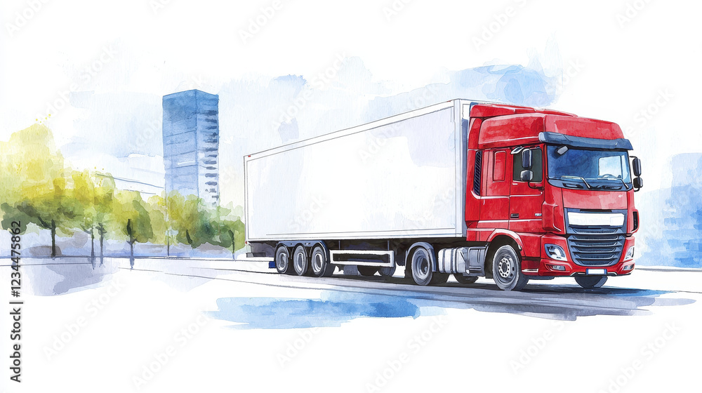 vibrant red truck with white trailer drives through cityscape, showcasing blend of urban life and transportation vibrant red truck with white trailer drives through cityscape, showcasing blend of urban life and transportation