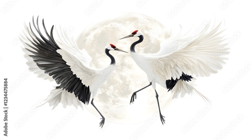 Obraz premium Pair of Cranes Flying Gracefully Under Full Moon for New Year