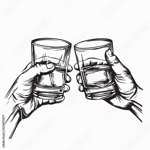 Hands cheers toast with whiskey or bourbon glasses Vector  image on white background.