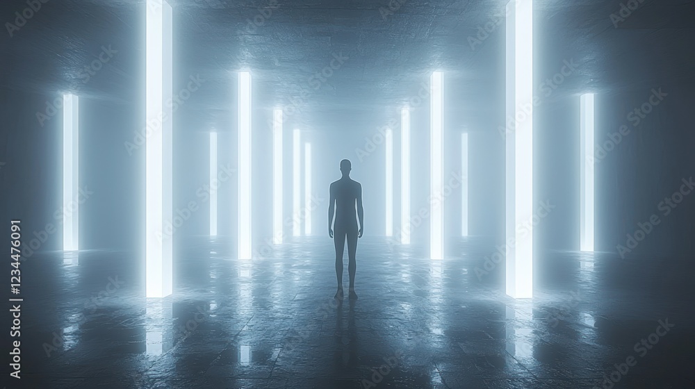 Lone figure in dark, foggy room with glowing vertical lights Lone figure in dark, foggy room with glowing vertical lights