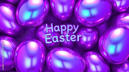Happy Easter text on purple glossy eggs  bright card