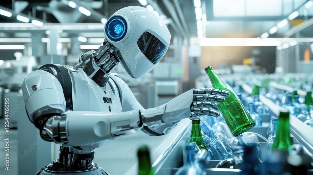 Futuristic AI Robot Sorting Bottles in Modern Environment Futuristic AI Robot Sorting Bottles in Modern Environment