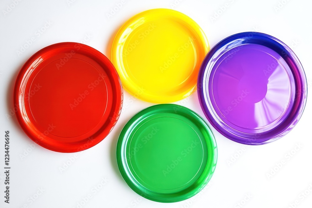 Colorful plastic plates on white background, party preparation Colorful plastic plates on white background, party preparation