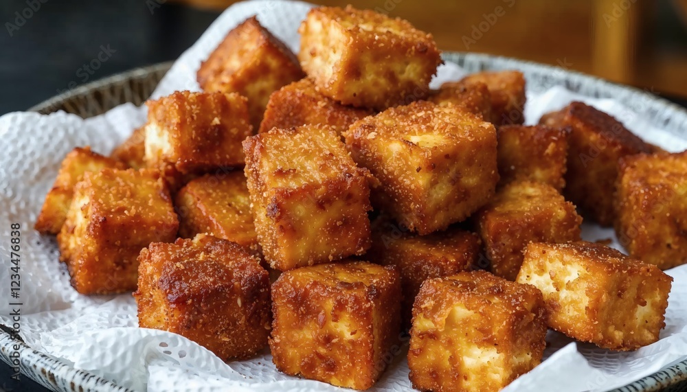 Crispy fried tofu cubes arranged on a paper towel, showcasing their golden brown texture. Crispy fried tofu cubes arranged on a paper towel, showcasing their golden brown texture.