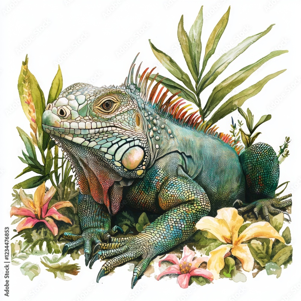 Obraz premium Detailed Illustration of a Colorful Iguana Among Tropical Plants and Flowers