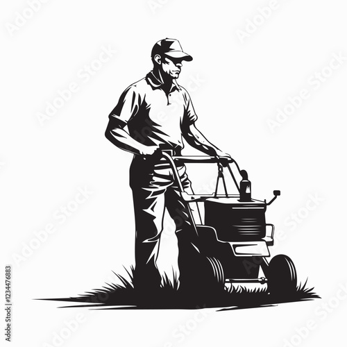 Lawn Mover worker vector. Black and white Lawn Mover worker vector isolated on white background.