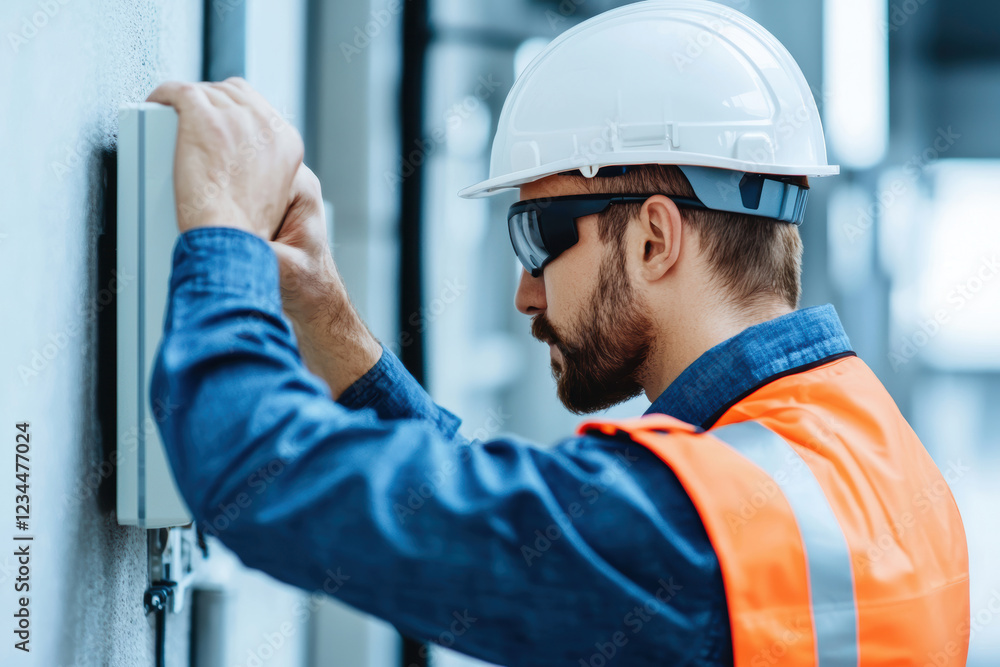 Technician installing wireless IoT devices, wearing safety gear and focused Technician installing wireless IoT devices, wearing safety gear and focused