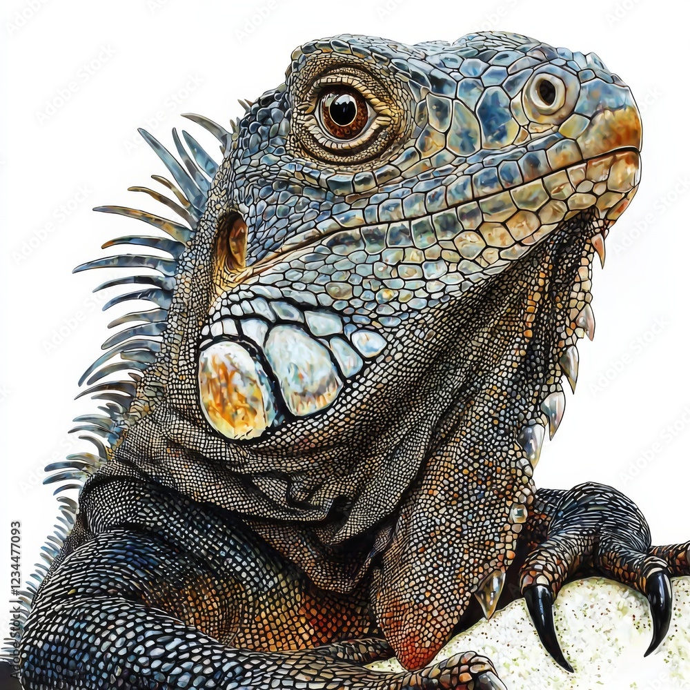 Obraz premium Close-Up of Colorful Iguana with Intricate Scales and Unique Facial Features in Natural Habitat