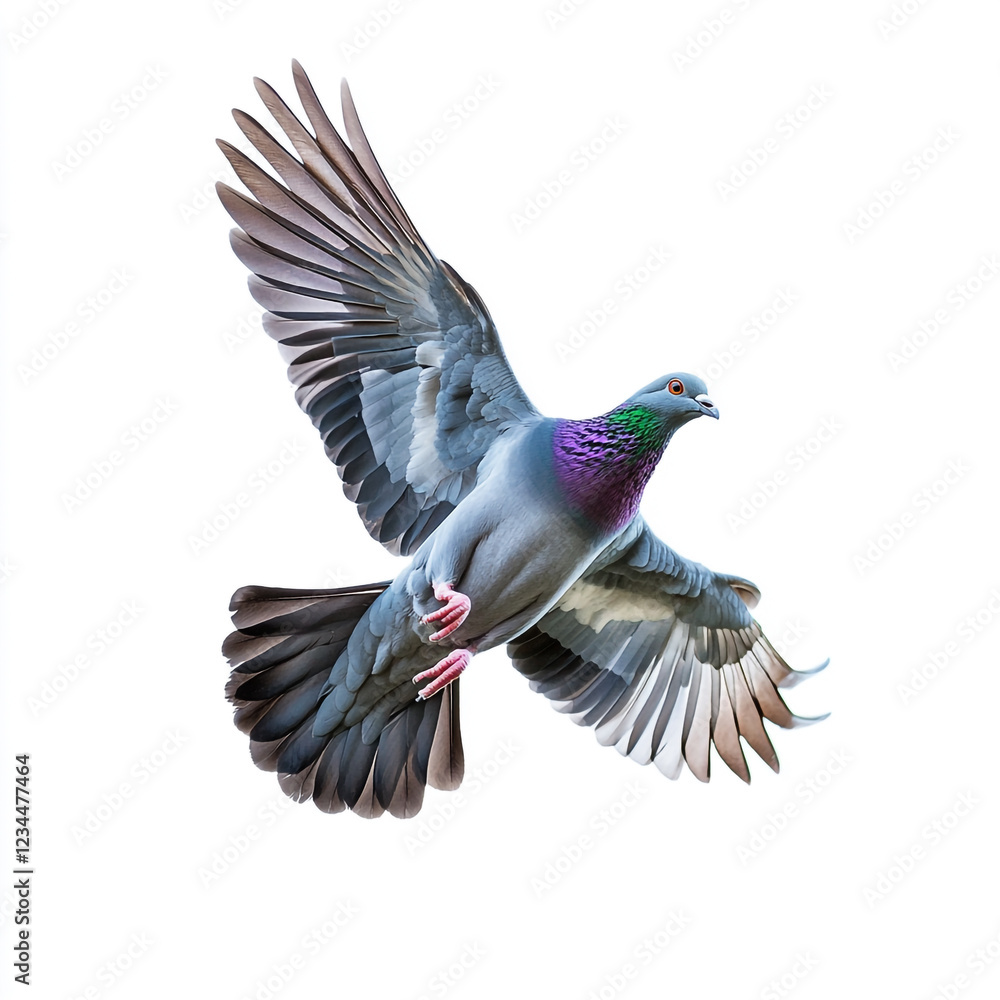 Fototapeta premium A pigeon with iridescent green and purple feathers on its neck is captured mid-flight with wings fully spread against a white background.