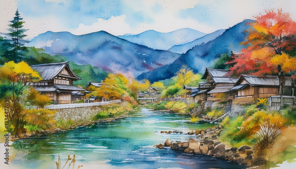 Fototapeta premium Discover the serene beauty of the Kiso Valley, a charming region where nature and history intertwine, and immerse yourself in the tranquility of this idyllic setting.