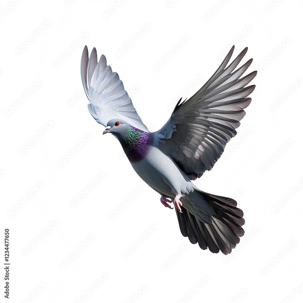 Naklejka premium A pigeon with iridescent green and purple feathers on its neck is captured mid-flight with wings fully spread against a white background.