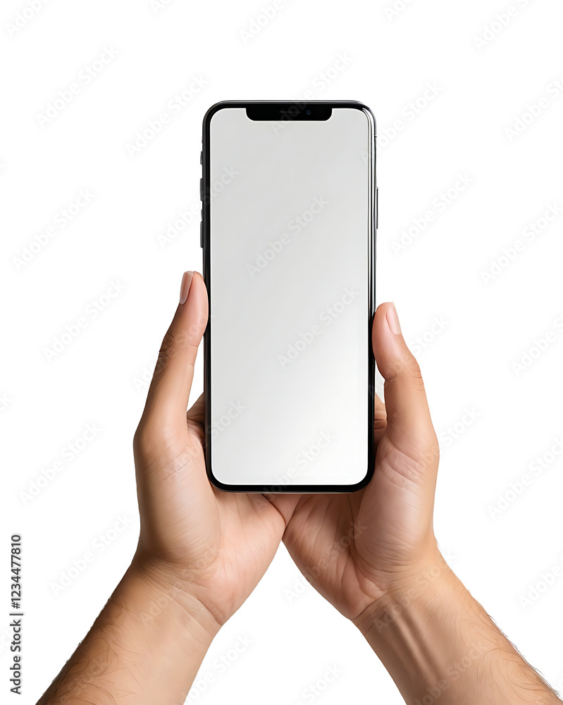 Hand holding smartphone with blank white screen isolated on neutral transparan background. Hand holding smartphone with blank white screen isolated on neutral transparan background.