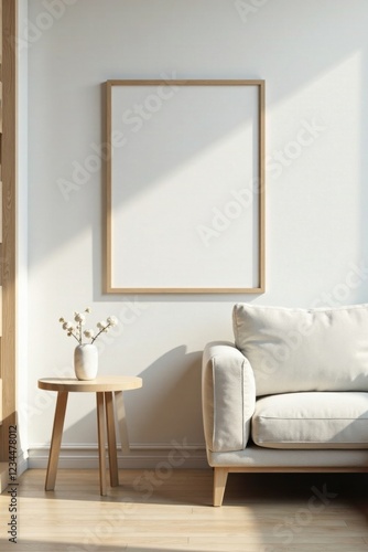 Minimalist Living Room Interior Design with Blank Frame and Wooden Side Table