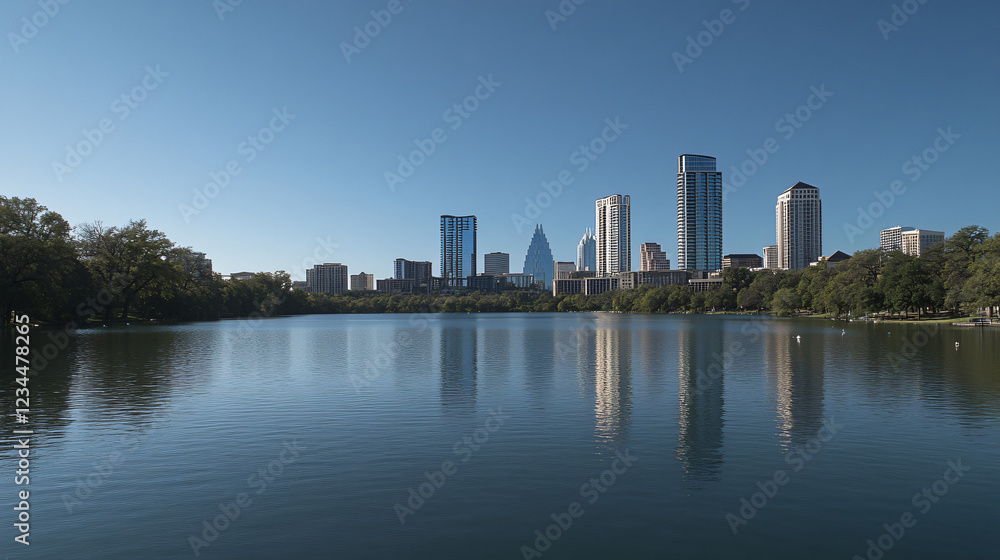 The evening blue sky acts as a backdrop for the remarkable skyline of Austin, filled with tall buildings and modern architecture, which is beautifully reflected in Lake Josephine, showing the alluring The evening blue sky acts as a backdrop for the remarkable skyline of Austin, filled with tall buildings and modern architecture, which is beautifully reflected in Lake Josephine, showing the alluring