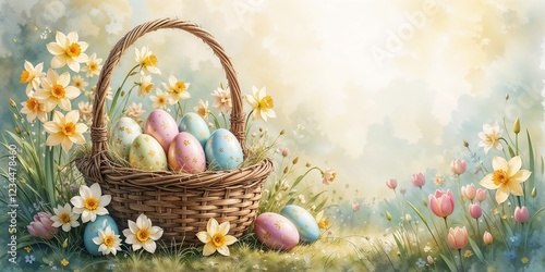 Easter eggs in a basket surrounded by flowers in a sunny spring garden with copy space