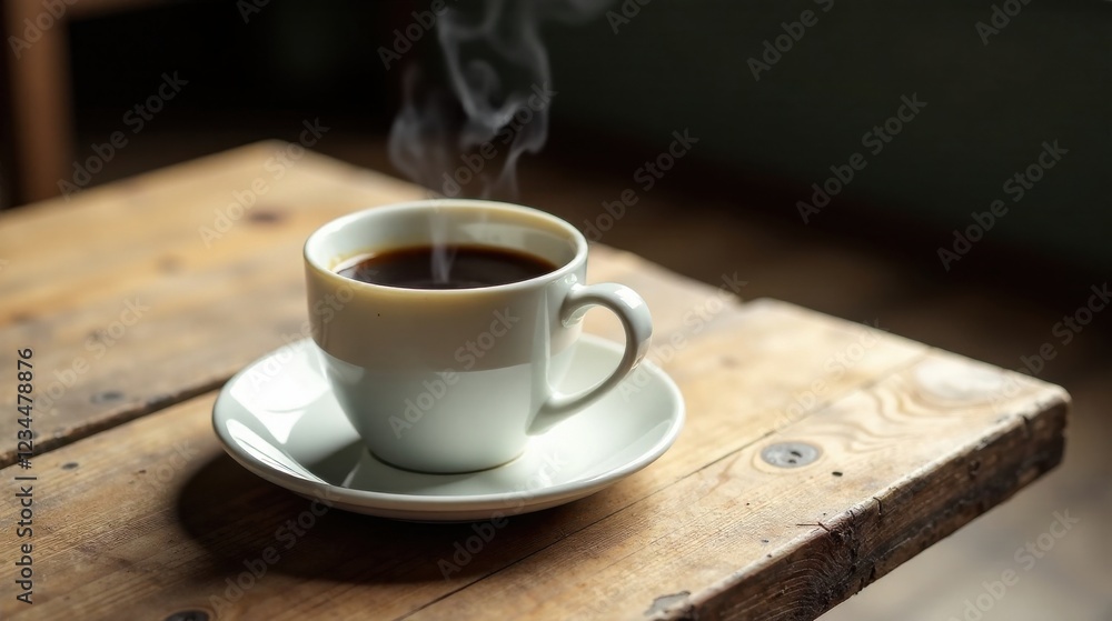 Aromatic Steam Rising from a Cup of Dark Coffee on Rustic Wooden Table Aromatic Steam Rising from a Cup of Dark Coffee on Rustic Wooden Table