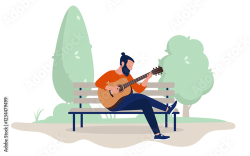 Man playing guitar outdoors on park bench - Person sitting with musical instrument practicing and playing music alone in park and nature. Flat design vector illustration on white background