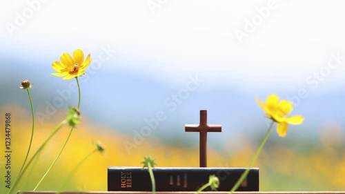 The cross of Jesus Christ and the holy bible, beautiful yellow flowers and prayer and worship background
