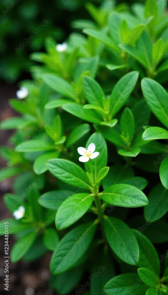 Low-growing evergreen shrub with waxy leaves and small white flowers, shrub, leafy greens Low-growing evergreen shrub with waxy leaves and small white flowers, shrub, leafy greens